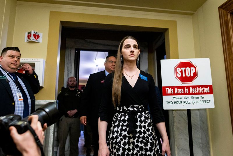 &copy; Reuters. Montana State Representative Zooey Zephyr leaves the House chamber after a motion to bar her passed, at the Montana State Capitol in Helena, Montana, U.S. April 26, 2023. Rep. Zephyr will still be able to vote on bills remotely.  REUTERS/Mike Clark  