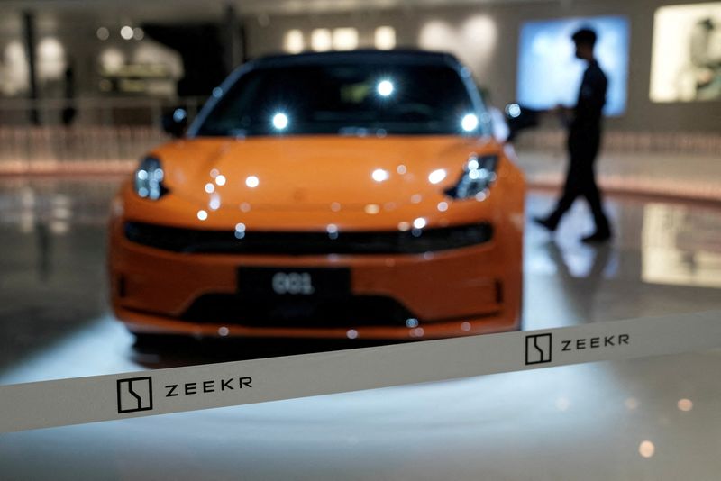 &copy; Reuters. FILE PHOTO: The logo of Zeekr is pictured on a barrier tape at its booth at the Auto Shanghai show, in Shanghai, China April 18, 2023. REUTERS/Aly Song/File Photo