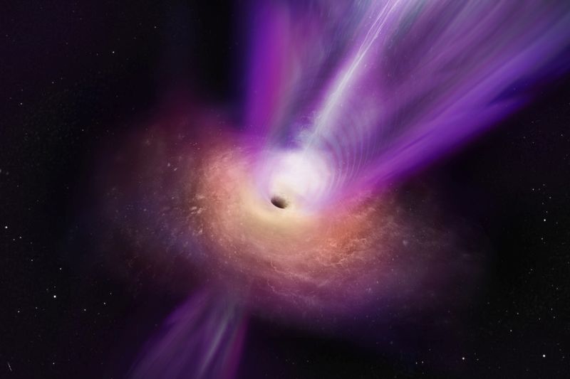 &copy; Reuters. علماء يرصدون مركز مجرة إم87 يكتشفون تفاصيل جديدة عن الثقب الأسود فائق الكتلة. في هذا التصور، يمكن رؤية الانبثاق الهائل للثقب الأسود يرتفع من 