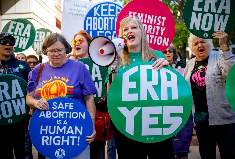 &copy; Reuters. FILE PHOTO: Lisa Sales, president of the Virginia NOW chapter, calls for passage of the Equal Rights Amendment outside the district courthouse in Washington, U.S., September 28, 2022 REUTERS/Evelyn Hockstein/File Photo