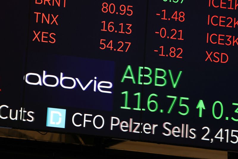 &copy; Reuters. FILE PHOTO: The logo and ticker for AbbVie is displayed on a screen at the New York Stock Exchange (NYSE) in New York City, New York, U.S., November 17, 2021. REUTERS/Andrew Kelly