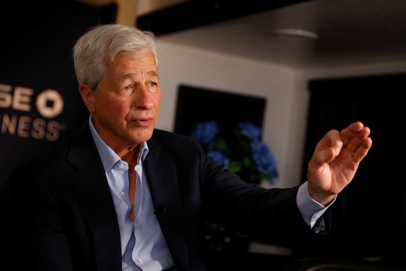 &copy; Reuters. FILE PHOTO: Jamie Dimon, Chairman of the Board and Chief Executive Officer of JPMorgan Chase & Co., gestures as he speaks during an interview with Reuters in Miami, Florida, U.S., February 8, 2023. REUTERS/Marco Bello