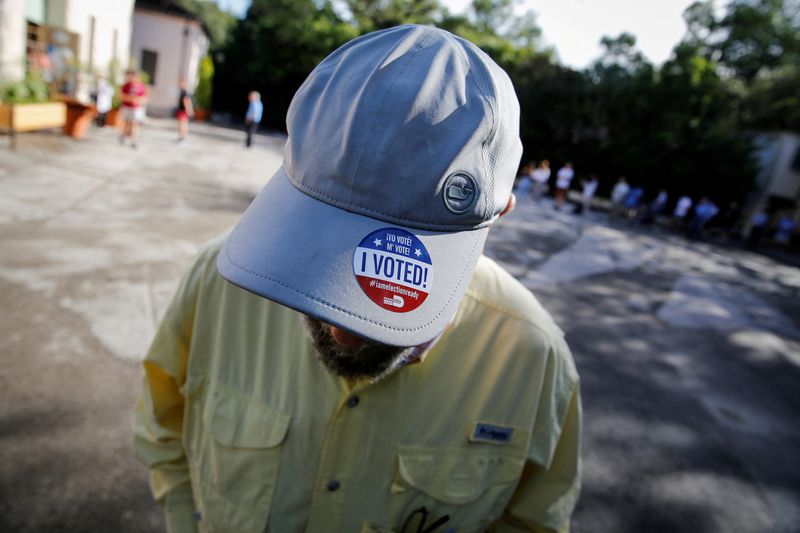 &copy; Reuters. FILE PHOTO: A man wears an "I voted" sticker after casting his vote at a polling centre during the 2022 U.S. midterm election in Miami, Florida, U.S., November 8, 2022. REUTERS/Marco Bello/File Photo