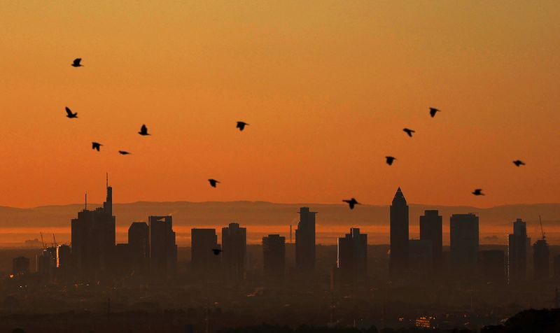 &copy; Reuters. FILE PHOTO: Birds are seen over the skyline as the sun rises in Frankfurt, Germany, September 22, 2022.  REUTERS/Kai Pfaffenbach
