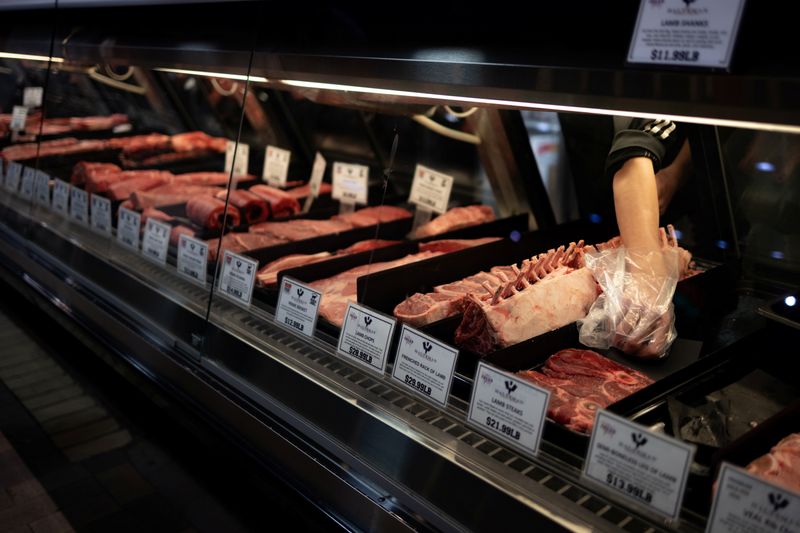 &copy; Reuters. FILE PHOTO: A case of meat is pictured at a butcher shop at Reading Terminal Market after the inflation rate hit a 40-year high in January, in Philadelphia, Pennsylvania, U.S., February 19, 2022.  REUTERS/Hannah Beier