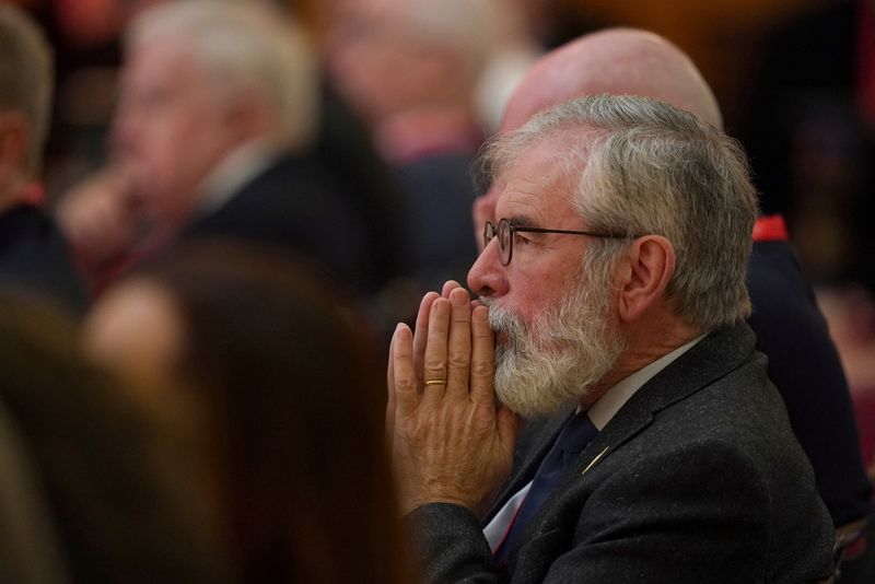 &copy; Reuters. FILE PHOTO: Gerry Adams listens to speakers during the international conference to mark the 25th anniversary of the Good Friday Agreement, in Belfast, Northern Ireland, April 19, 2023. Brian Lawless/Pool via REUTERS/File Photo