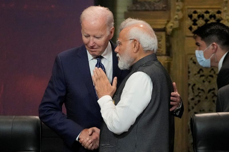 &copy; Reuters. FILE PHOTO: U.S. President Joe Biden, left, and India Prime Minister Narendra Modi talks during the G20 leaders summit in Nusa Dua, Bali, Indonesia, Tuesday, Nov. 15, 2022.     Dita Alangkara/Pool via REUTERS