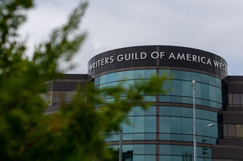 &copy; Reuters. FILE PHOTO: The Writers Guild of America West offices are seen in Los Angeles as Hollywood film and TV writers, who voted overwhelmingly in favour of giving union negotiators the power to call a strike if contract talks with studios break down, can order 