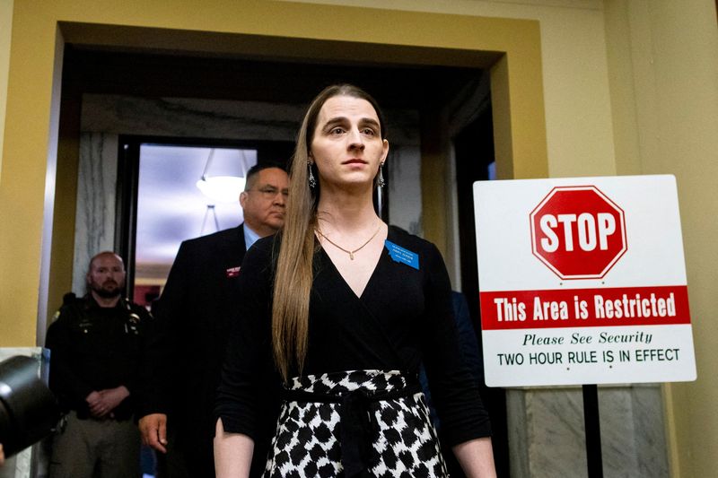 &copy; Reuters. FILE PHOTO: Montana State Representative Zooey Zephyr leaves the House chamber after a motion to bar her passed, at the Montana State Capitol in Helena, Montana, U.S. April 26, 2023. Rep. Zephyr will still be able to vote on bills remotely.  REUTERS/Mike 