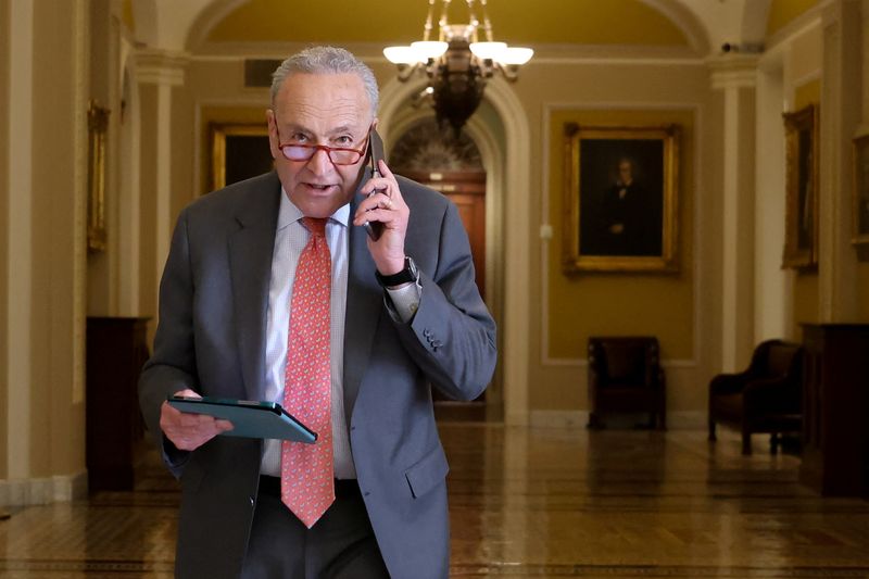 &copy; Reuters. FILE PHOTO: U.S. Senate Majority Leader Chuck Schumer (D-NY) speaks on his cell phone while walking through the Capitol in Washington, U.S., April 25, 2023. REUTERS/Julia Nikhinson