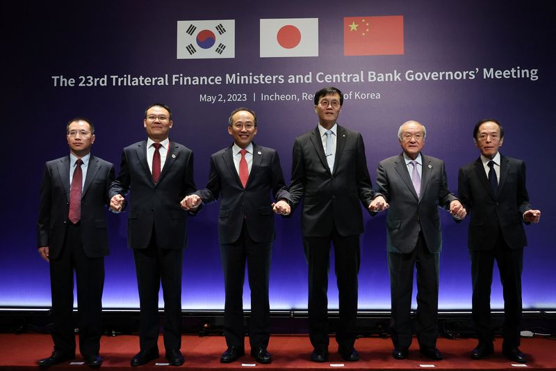 &copy; Reuters. South Korean Deputy Prime Minister and Minister of Economy and Finance Choo Kyung-ho, Japanese Finance Minister Shunichi Suzuki, Wang Dongwei, a vice finance minister of China, Governor of Bank of Japan Kazuo Ueda, Deputy Director General of People's Bank