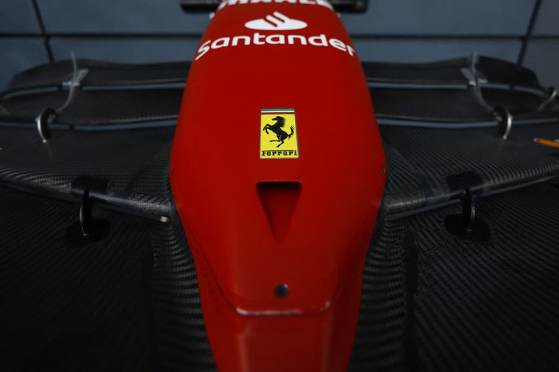 &copy; Reuters. Formula One F1 - British Grand Prix - Silverstone Circuit, Silverstone, Britain - July 1, 2022 The Ferrari logo is pictured on a front wing in the garage during practice REUTERS/Andrew Boyers