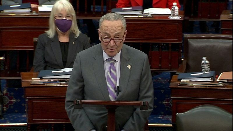 &copy; Reuters. FILE PHOTO: U.S. Senate Majority Leader Chuck Schumer (D-NY) addresses the U.S. Senate on the floor of the Senate chamber on Capitol Hill in Washington, U.S., February 9, 2021. U.S. Senate TV/Handout via Reuters/File Photo