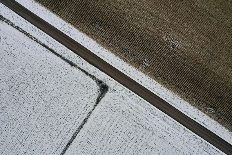 &copy; Reuters. An aerial view of corn fields, partially covered in snow, on farmland in Belle Plaine, Minnesota, U.S., October 24, 2020. Picture taken with a drone on October 24, 2020. REUTERS/Bing Guan