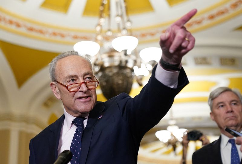 © Reuters. U.S. Senate Majority Leader Chuck Schumer (D-NY) fields a question from a reporter at the U.S. Capitol in Washington, U.S., May 2, 2023.  REUTERS/Kevin Lamarque