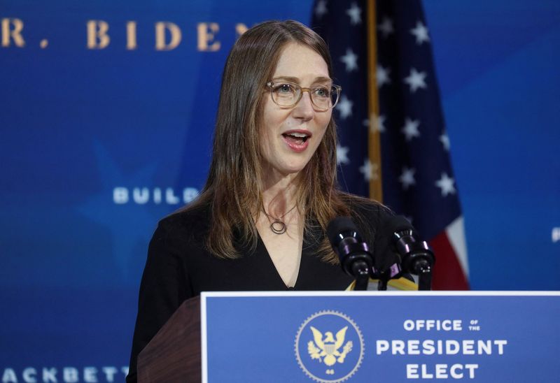 &copy; Reuters. FILE PHOTO: Heather Boushey, appointed to be a member of the Council of Economic Advisers, speaks as U.S. President-elect Joe Biden announces nominees and appointees to serve on his economic policy team at his transition headquarters in Wilmington, Delawa