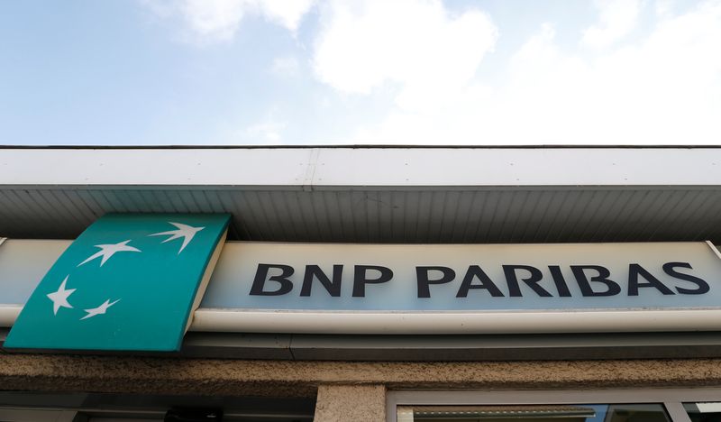 &copy; Reuters. FILE PHOTO: The BNP Paribas logo is seen outside a bank office in Bordeaux, France, October 29, 2019. REUTERS/Regis Duvignau