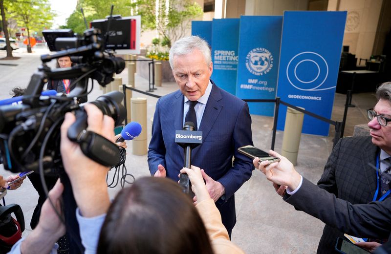 &copy; Reuters. FILE PHOTO: French Finance Minister Bruno Le Maire speaks to the media outside the International Monetary Fund Building, in Washington, D.C., U.S. April 12, 2023. REUTERS/Ken Cedeno