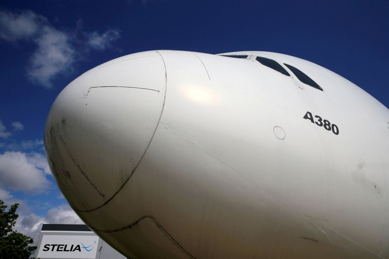 &copy; Reuters. FILE PHOTO: The nose of an Airbus A380 is seen outside the factory of Stelia Aerospace, a subsidiary of Airbus, in Meaulte, France, July 2, 2020. REUTERS/Pascal Rossignol/File Photo