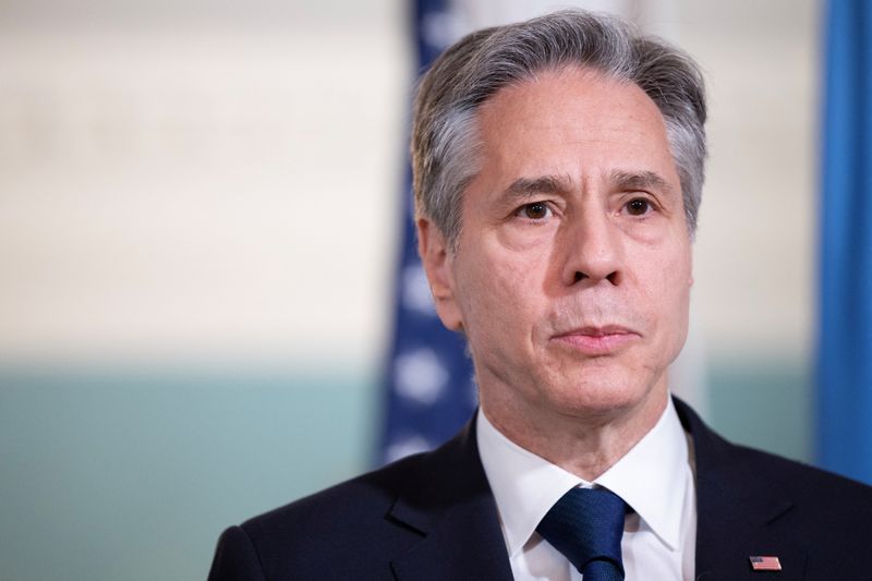 &copy; Reuters. FILE PHOTO: U.S. Secretary of State Antony Blinken welcomes U.N. Secretary General Antonio Guterres (not pictured) at the U.S. State Department in Washington, U.S., April 27, 2023. REUTERS/Tom Brenner