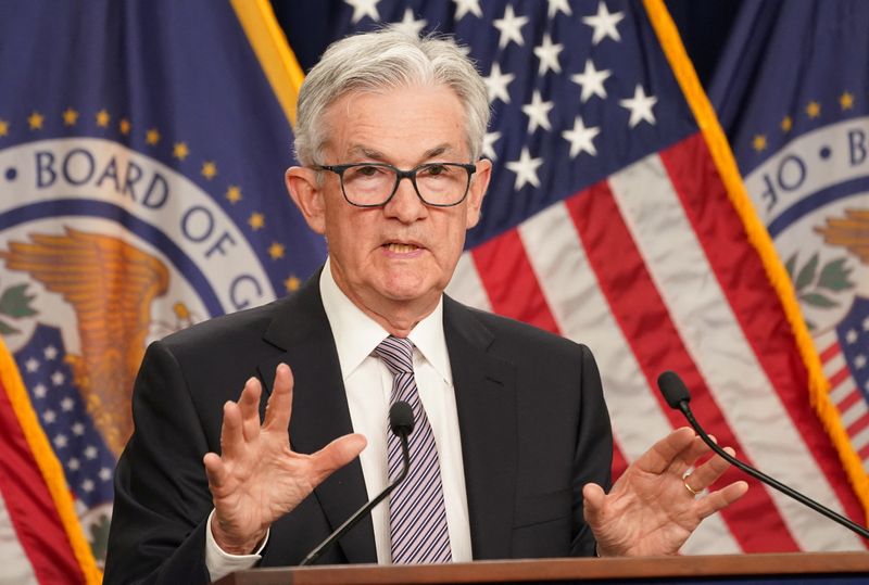 &copy; Reuters. Federal Reserve Chairman Jerome Powell holds a news conference after the release of U.S. Fed policy decision on interest rates, in Washington, U.S, May 3, 2023.  REUTERS/Kevin Lamarque