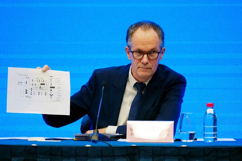 &copy; Reuters. FILE PHOTO: Peter Ben Embarek, a member of the World Health Organization (WHO) team tasked with investigating the origins of the coronavirus disease (COVID-19), holds a chart during the WHO-China joint study news conference at a hotel in Wuhan, Hubei prov