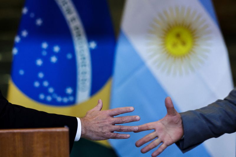 &copy; Reuters. Argentina's President Alberto Fernandez shakes hands with Brazil's President Luiz Inacio Lula da Silva after a meeting at the Alvorada Palace in Brasilia, Brazil, May 2, 2023. REUTERS/Ueslei Marcelino