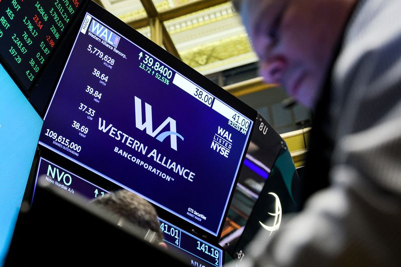 &copy; Reuters. FILE PHOTO: A screen displays the logo and trading info for Western Alliance Bancorporation on the floor of the New York Stock Exchange (NYSE) in New York City, U.S., March 14, 2023.  REUTERS/Brendan McDermid