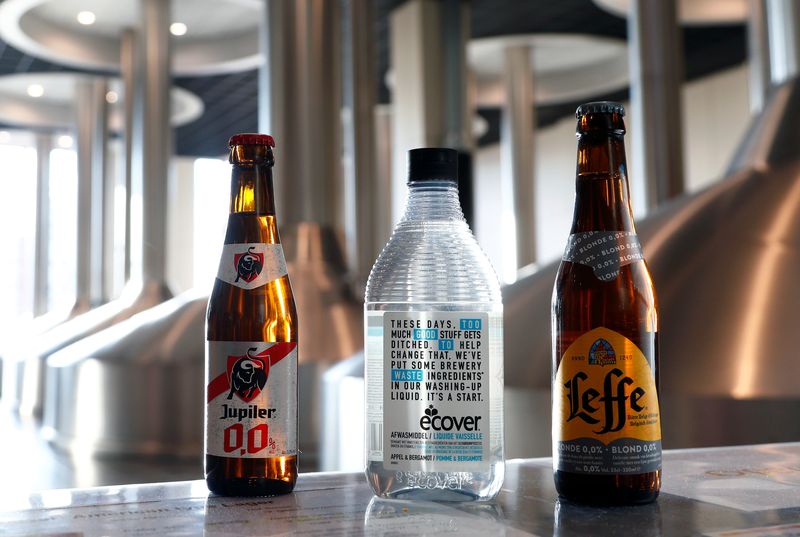 © Reuters. FILE PHOTO: Bottles of non-alcoholic beer and dishwasher soap are pictured at Anheuser-Busch InBev brewery in Leuven, Belgium November 25, 2019. Picture taken November 25, 2019.  REUTERS/Francois Lenoir