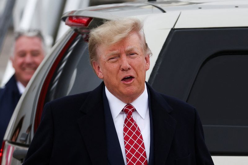 &copy; Reuters. FILE PHOTO: Former U.S. President and Republican presidential candidate Donald Trump reacts after arriving at Aberdeen International Airport in Aberdeen, Scotland, Britain May 1, 2023. REUTERS/Russell Cheyne