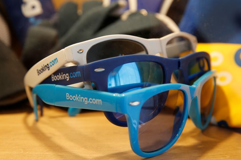 &copy; Reuters. FILE PHOTO: Sunglasses with the logo of Booking.com are seen at the new Booking.com customers site in Tourcoing, France, October 4, 2019. REUTERS/Pascal Rossignol/File Photo