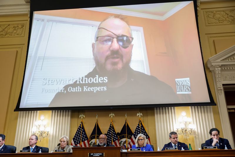 &copy; Reuters. FILE PHOTO: Oath Keepers founder Stewart Rhodes is seen on video during the hearing of the U.S. House Select Committee to Investigate the January 6 Attack on the United States Capitol, on Capitol Hill in Washington, U.S., June 9, 2022. REUTERS/Jonathan Er