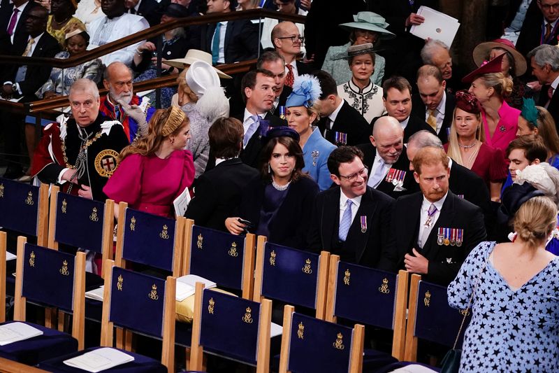&copy; Reuters. (left to right) The Duke of York, Princess Beatrice, Peter Phillips, Edoardo Mapelli Mozzi, Zara Tindall, Princess Eugenie, Jack Brooksbank, Mike Tindall and the Duke of Sussex at the coronation ceremony of King Charles III and Queen Camilla in Westminste