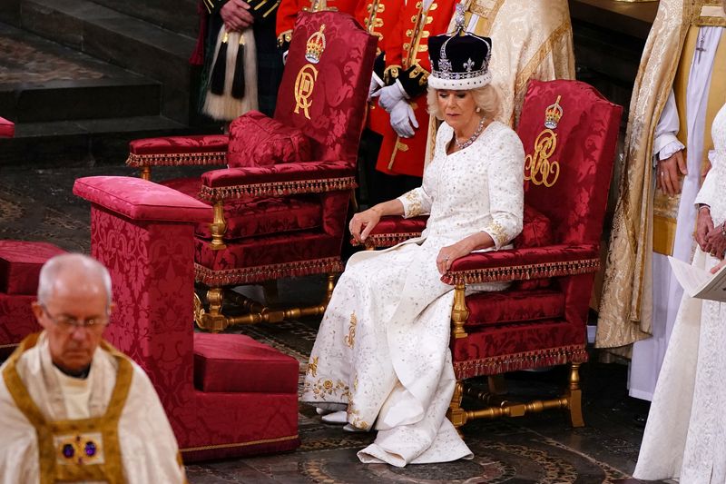 &copy; Reuters. Queen Camilla wearing Queen Mary's Crown during her coronation ceremony in Westminster Abbey, London. Picture date: Saturday May 6, 2023.  Yui Mok/Pool via REUTERS