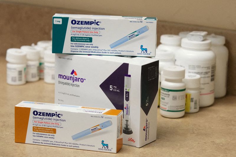 &copy; Reuters. FILE PHOTO: Boxes of Ozempic and Mounjaro, semaglutide and tirzepatide injection drugs used for treating type 2 diabetes and made by Novo Nordisk and Eli Lilly, is seen at a Rock Canyon Pharmacy in Provo, Utah, U.S. March 29, 2023. REUTERS/George Frey/Fil