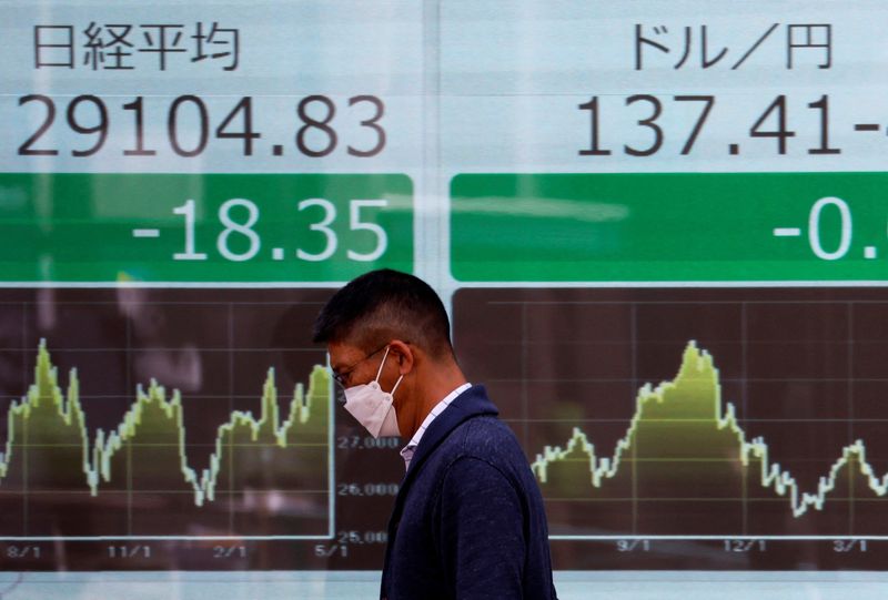&copy; Reuters. رجل يسير أمام لوحة إلكترونية تعرض حركة تداول الأسهم على مؤشر نيكي القياسي الياباني وسعر صرف الين الياباني مقابل الدولار خارج شركة للسمسرة ب