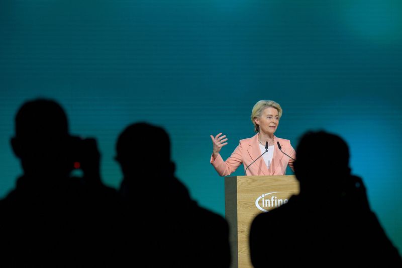 &copy; Reuters. FILE PHOTO: European Commission President Ursula von der Leyen speaks during a groundbreaking ceremony for Infineon's Smart Power Fab plant in Dresden, Germany May 2, 2023. REUTERS/Matthias Rietschel