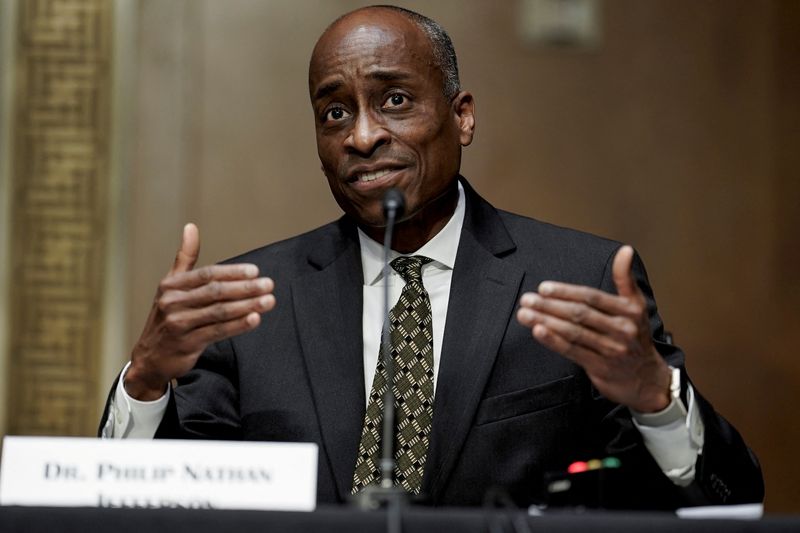 &copy; Reuters. FILE PHOTO: Dr. Philip Nathan Jefferson of North Carolina speaks during a Senate Banking, Housing and Urban Affairs Committee confirmation hearing on Capitol Hill in Washington, D.C., U.S., February 3, 2022. REUTERS/Ken Cedeno/Pool/File Photo