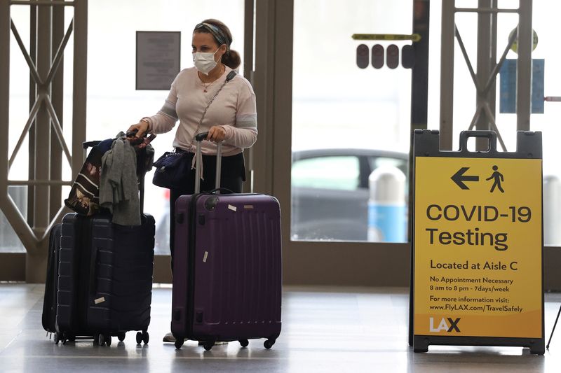 &copy; Reuters. FILE PHOTO: A woman walks past a coronavirus testing sign at Tom Bradley international terminal at LAX airport, as the global outbreak of the coronavirus disease (COVID-19) continues, in Los Angeles, California, U.S., November 23, 2020. REUTERS/Lucy Nicho