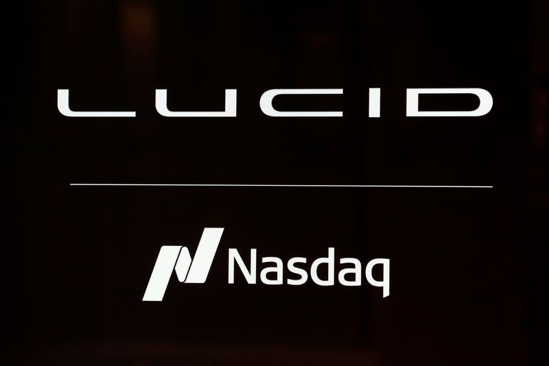 &copy; Reuters. FILE PHOTO: A Lucid logo is seen at the Nasdaq MarketSite as Lucid Motors (Nasdaq: LCID) begins trading today on the Nasdaq stock exchange after completing its business combination with Churchill Capital Corp IV in New York City, New York, U.S., July 26, 