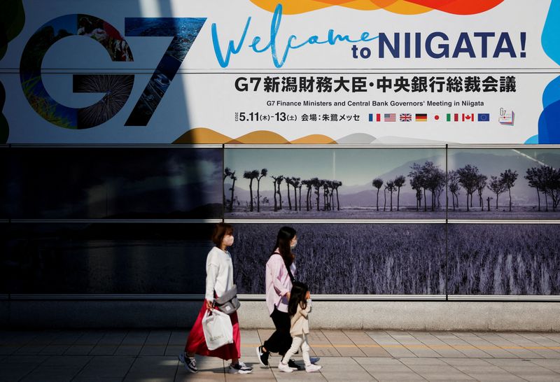 &copy; Reuters. The logo of the G7 Finance Ministers and Central Bank Governors' meeting is displayed at Niigata station, ahead of the meeting, in Niigata, Japan, May 10, 2023. REUTERS/Issei Kato