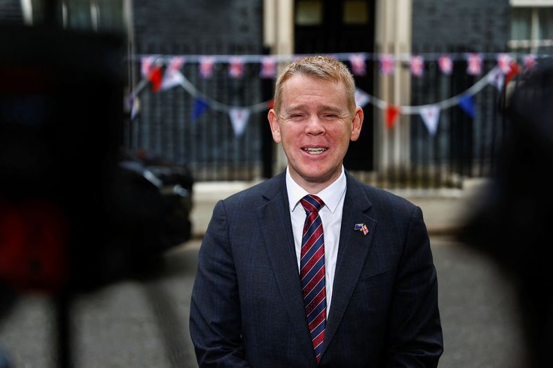 &copy; Reuters. FILE PHOTO: New Zealand's Prime Minister Chris Hipkins speaks to the media, after his meeting with British Prime Minister Rishi Sunak at Downing Street in London, Britain May 5, 2023. REUTERS/Peter Nicholls