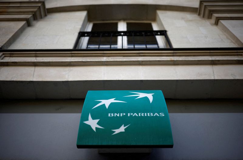 &copy; Reuters. FILE PHOTO: The logo of BNP Paribas bank is pictured on an office building in Nantes, France, March 16, 2023. REUTERS/Stephane Mahe