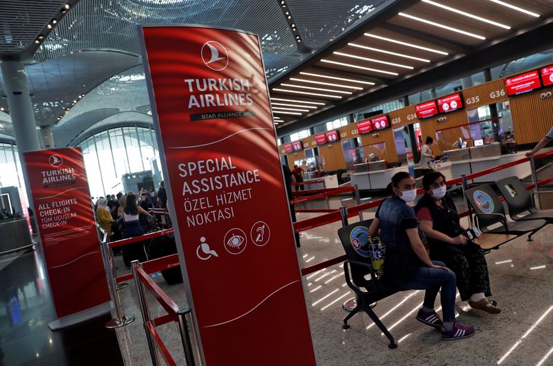 &copy; Reuters. FILE PHOTO: Passengers wearing protective face masks wait for to check-in for a flight to Washington D.C. at the Istanbul Airport, during the first day of resumed Turkish Airlines flights to the U.S. amid the coronavirus disease (COVID-19) outbreak, in Is