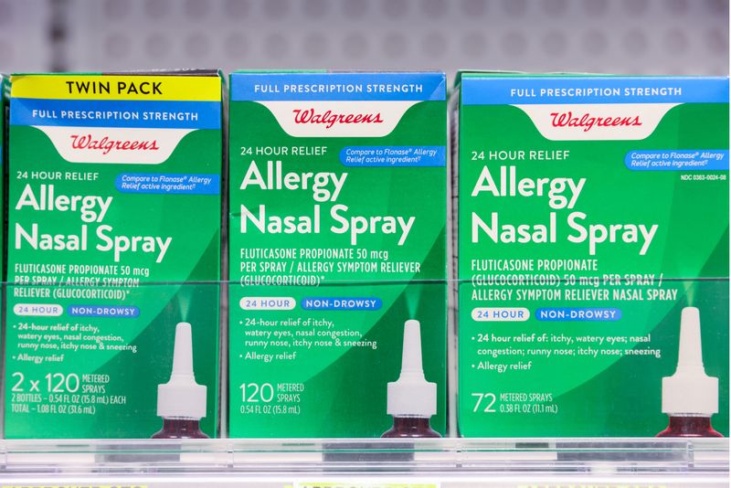 &copy; Reuters. FILE PHOTO: Walgreens brand Allergy Nasal Spray, owned by the Walgreens Boots Alliance, Inc., is seen for sale in Manhattan, New York City, U.S., November 26, 2021. REUTERS/Andrew Kelly