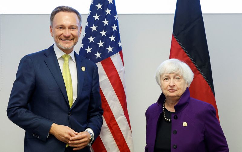 &copy; Reuters. U.S. Treasury Secretary Janet Yellen meets with Germany's Finance Minister Christian Lindner during their bilateral talks on the sidelines of the G7 Finance Ministers and Central Bank Governors' meeting in Niigata, Japan, May 12, 2023. REUTERS/Issei Kato