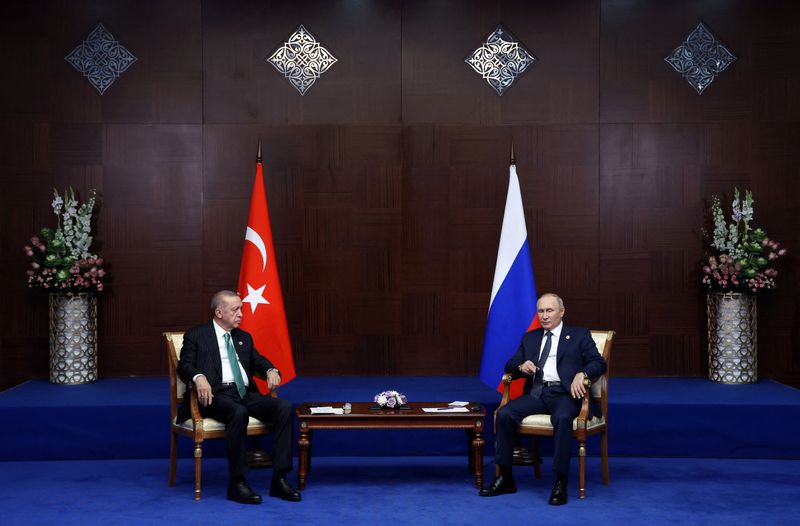 &copy; Reuters. FOTO DE ARCHIVO. El presidente de Rusia, Vladimir Putin, y el presidente de Turquía, Tayyip Erdogan, se reúnen al margen de la VIº cumbre de la Conferencia sobre Interacción y Medidas de Fomento de la Confianza en Asia, en Astaná, Kazajistán. 13 de 