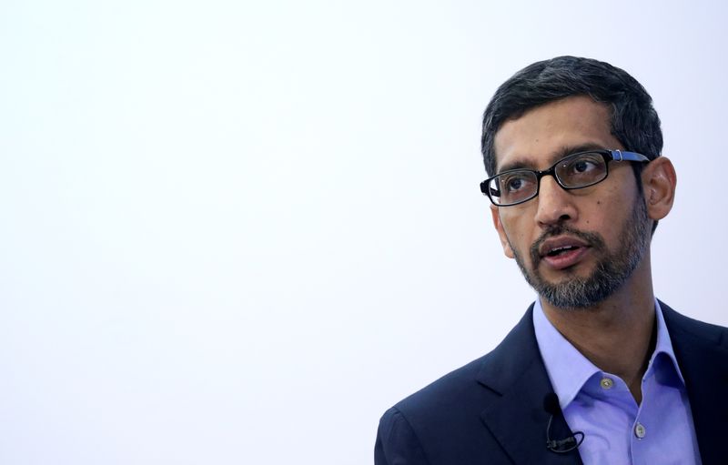 © Reuters. Sundar Pichai, CEO of Google and Alphabet, speaks on artificial intelligence during a Bruegel think tank conference in Brussels, Belgium January 20, 2020. REUTERS/Yves Herman