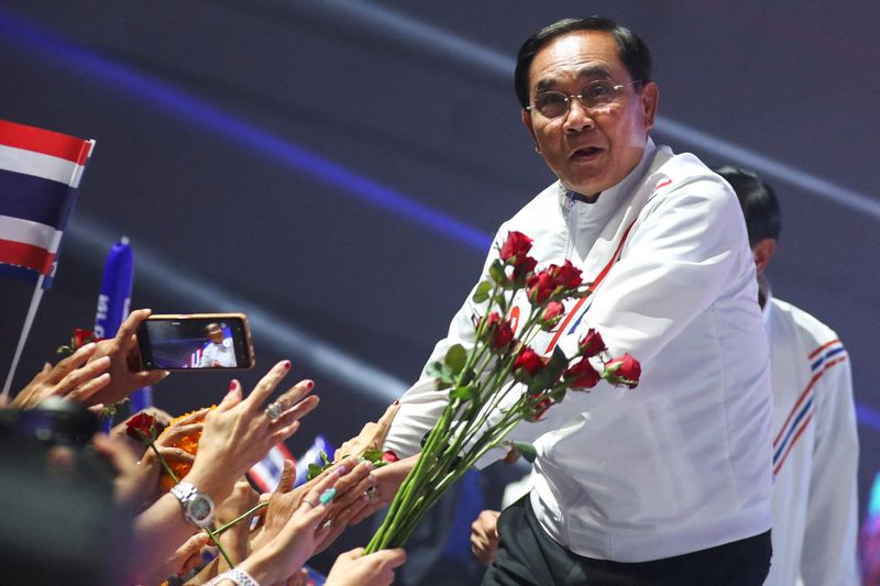 &copy; Reuters. Thailand's incumbent Prime Minister Prayuth Chan-ocha greets supporters at the United Thai Nation Party's (Ruam Thai Sang Chart Party) rally event ahead of the upcoming general election, in Bangkok, Thailand, May 12, 2023. REUTERS/Stringer     