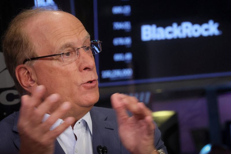 &copy; Reuters. Larry Fink, Chairman and CEO of BlackRock, speaks during an interview with CNBC on the floor of the New York Stock Exchange (NYSE) in New York City, U.S., April 14, 2023.  REUTERS/Brendan McDermid